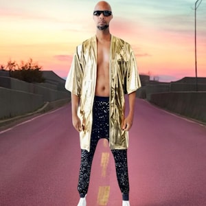Gold Metallic Kimono Stretchy Spandex  Coverup Rave Disco Festival Fashion