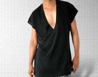 Deep V Neck Tee Shirt | Drop Shoulder T Shirt | Black Drape Jersey