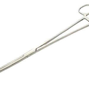 May include: A pair of stainless steel hemostats with a straight shaft and two rings at the end.