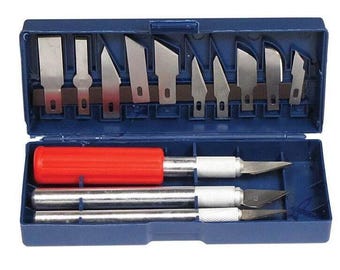 Hobby precision knife set, 16 pc w/aluminum collet chucks in plastic storage box