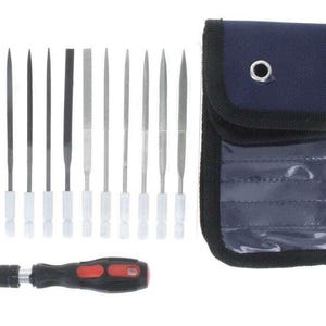 4-1/2”/14pc diamond & cr15 steel needle file set w/quick change handle,nylon ca