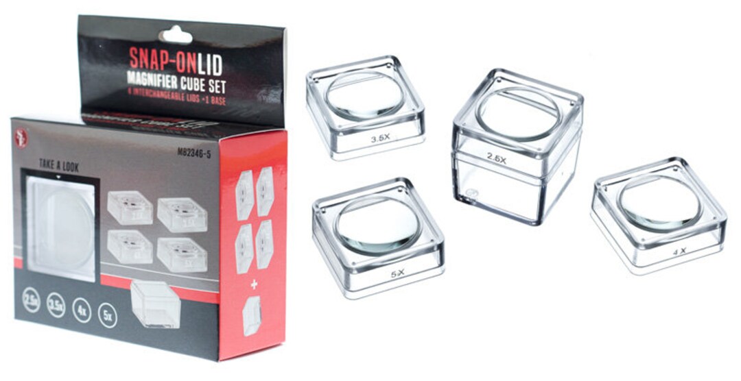 Snap-On Magnifier Cubes Set – 1.5” Diameter | 2.5X, 3.5X, 4X, 5X Magnification
