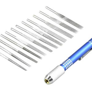 12pc flat diamond file set with universal handle & pocket clip,(grits-120,180,3