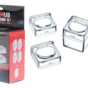 1 box-4 lids snap-on magnifier cube set (1.5" dia) 2.5x, 3.5x, 4x, 5x