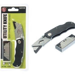 May include: A black utility knife with a quick change blade and 6 blades. The knife has a silver blade and a black handle. The packaging says "Utility Knife" and "Quick Change Blade - 6 Blades".