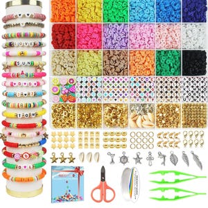 May include: A craft kit with colorful beads, letter beads, and charms for bracelet making. Includes a variety of colors and shapes, along with tools like scissors and tweezers. A stack of finished bracelets is also shown.