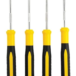 May include: Set of four yellow and black handled tools with different shaped tips. The tools are designed for picking and prying.
