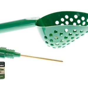 May include: Green plastic scoop with a perforated design and a matching green probe. The scoop has a handle and the probe is a long, thin, metal rod. The product is labeled "Scoop-N-Probe 2-in-1 Design allows for two clutter options on the path."