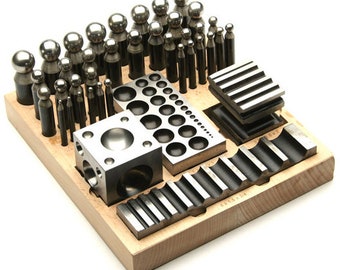 42Pc Jumbo Dapping Tools Set With Dies on Wood Stand