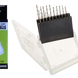 May include: A set of 20 HSS twist drills in a clear plastic storage case. The drills are arranged in a grid pattern and are labeled with the sizes #61-80 wire gauge.