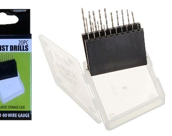 May include: A set of 20 HSS twist drills in a clear plastic storage case. The drills are arranged in a grid pattern and are labeled with the sizes #61-80 wire gauge.