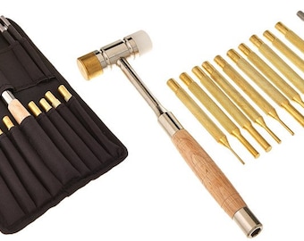 13Pc (10 Brass & 2 Steel) Punch and  3 in 1 Hammer Set in a Storage Pouch with Brass Punch set