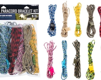 May include: A 10-piece paracord bracelet kit with assorted camo patterns. The kit includes 10 spools of paracord in different camo colors and 10 plastic buckles.