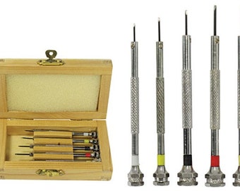 5pc destornillador de precisión conjunto en caja de madera, 5pc puntas de acero: ranurado 0.8, 1.0, 1.2, 1.4, 1.6 mm
