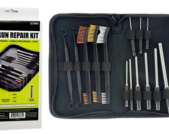 14Pc Gun Repair Kit in a Zippered Case, 9Pc Rolling Punch, 3Pc Double Ended Brush, 2Pc Double Ended Picks