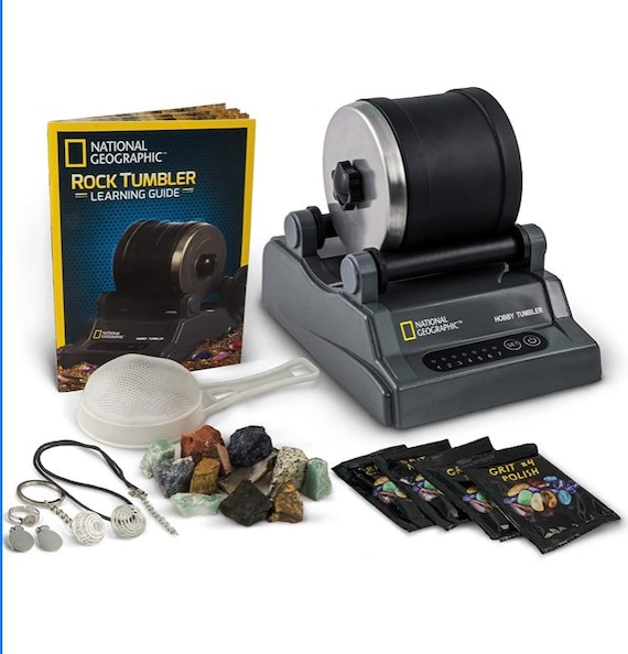 NATIONAL GEOGRAPHIC Hobby Rock Tumbler Kit Includes Rough Gemstones, 4  Polishing Grits, Jewelry Fastenings and Detailed Learning Guide 