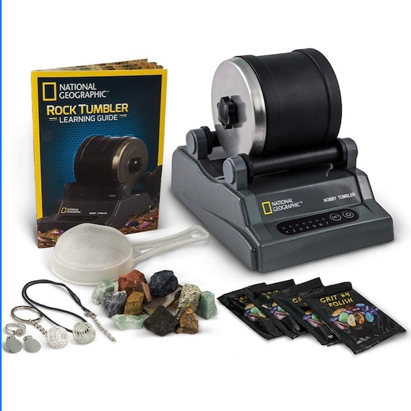 NATIONAL GEOGRAPHIC Hobby Rock Tumbler Kit - Includes Rough Gemstones, 4 Polishing Grits, Jewelry Fastenings and Detailed Learning Guide