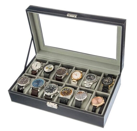 12-slot Watch Valet Box: Black Leather Wood Case With Lock