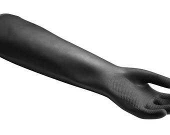 May include: A black rubber glove with a textured palm and fingers. The glove is extended with the palm facing up.