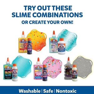 May include: A variety of Elmer's glue bottles in different colors and textures, including glow-in-the-dark, metallic, color changing, and crunchy. The bottles are arranged on a white background with slime samples next to them. The text "TRY OUT THESE SLIME COMBINATIONS OR CREATE YOUR OWN!" is at the top of the image. The text "Washable | Safe | Nontoxic" is at the bottom of the image.