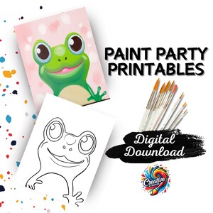 Fête de peinture grenouille mignonne à imprimer, peinture bricolage nuit, peinture d'animaux de la forêt, fête de peinture pour enfants, kit de peinture et de gorgée, modèle d'art grenouille à télécharger