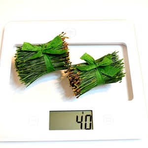 Peut inclure: Deux paquets d'aiguilles de pin vertes attachés avec un ruban vert sur une balance de cuisine numérique blanche. La balance affiche 40 grammes.
