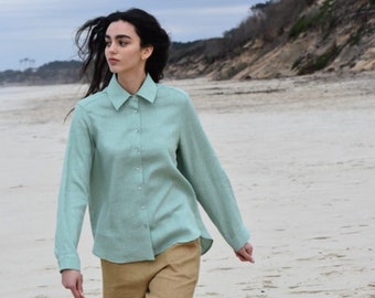 Oversize mint linen shirt. Summer linen shirt for everyday look. Classic style. Capsule wardrobe. Quiet luxury. Summer party shirt.