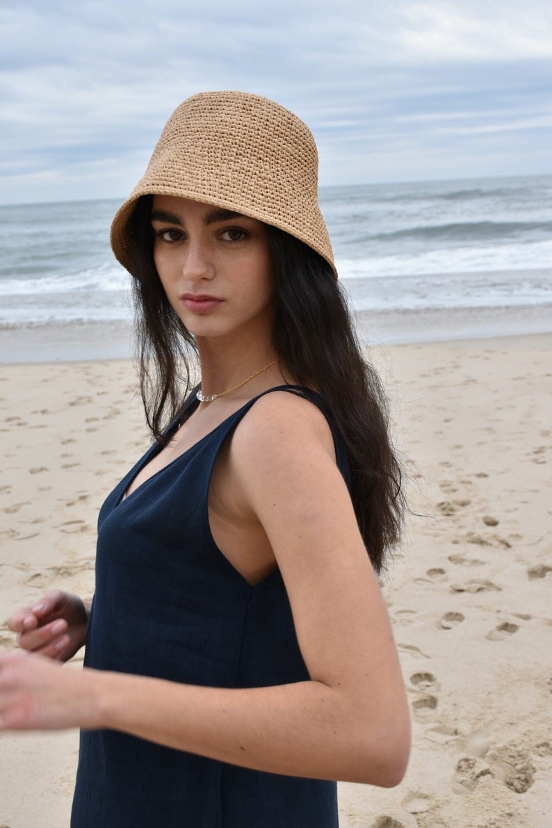 Raffia bucket hat for beach holidays. Handmade bucket hat. Hat for the beach. Hat for the honeymoon. Boho style bucket hat. Coastal style. image 1