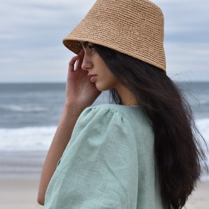 Raffia bucket hat for beach holidays. Handmade bucket hat. Hat for the beach. Hat for the honeymoon. Boho style bucket hat. Coastal style. image 3