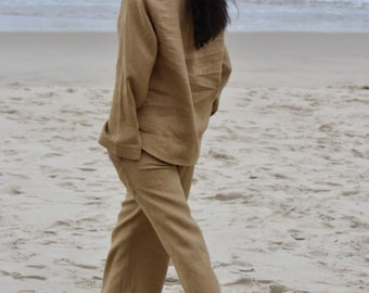 Caramel linen pants  for minimal look. Linen for summer party. Boho chic look. Linen trousers. Culottes for date night. With pockets.