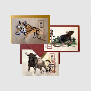 Postkarten-Set: The year of the TIGER, OX & RAT mit rotem oder goldenem Umschlag DINA6 Glücksbringer Neujahrskarte, Chinesisches Tierzeichen