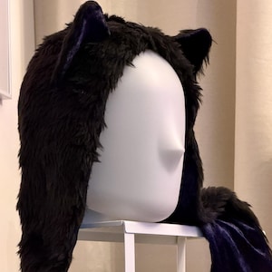 Hand-sewn cat ears hat with paws, scarf, and mittens, unique piece! Black faux fur hat with ears, animal hood, cat gift
