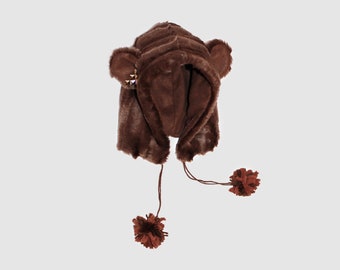 Hand-sewn bear hat with bobbles, one-of-a-kind! Faux fur brown, hat with ears Animal Hood