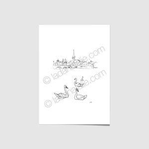 Pencil drawing &quot;An der Limmat&quot; art print 15 x 21 cm Zurich Swans Bridge Fraumünster Switzerland Architecture Urban Sketching Minimalism
