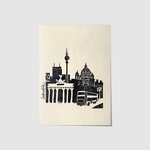 Original linocut print &quot;Berlin&quot; 12 x 17 cm limited! Black linoprint Brandenburg Gate TV Tower