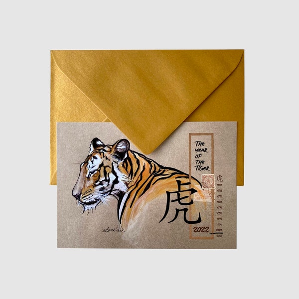 Tiger Postkarte "2022 - The year of the TIGER" DINA6 mit goldenem Umschlag Glücksbringer Neujahrskarte / Chinesisches Tierzeichen