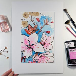 Original Sakura Aquarell 30x42 cm - Cherry Blossom Painting mit echten Blüten (Herbarium) inkl. Passepartout, moderne florale Kunst signiert