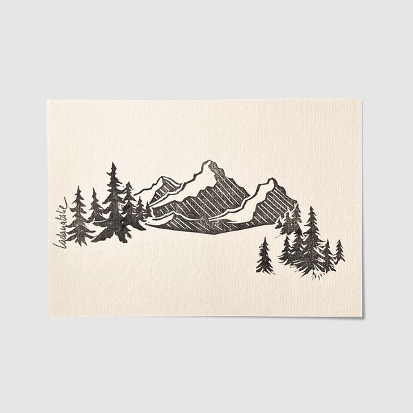 Original linoleum print "Alps" 17 x 12 cm mountains and fir trees black linoprint hand-printed mountain landscape vertical horizontal linocut