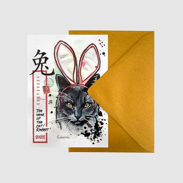 Postkarte "2023 - The year of the Rabbit / Cat" DINA6 in goldenem Umschlag Glücksbringer Neujahrskarte / Chinesisches Tierkreiszeichen