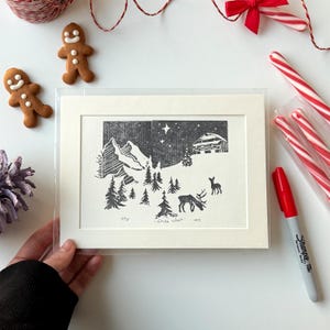 Original linocut print "Silent Night" LIMITED with passepartout 20 x 15 cm Christmas mountains reindeer Christmas tree winter black linoprint