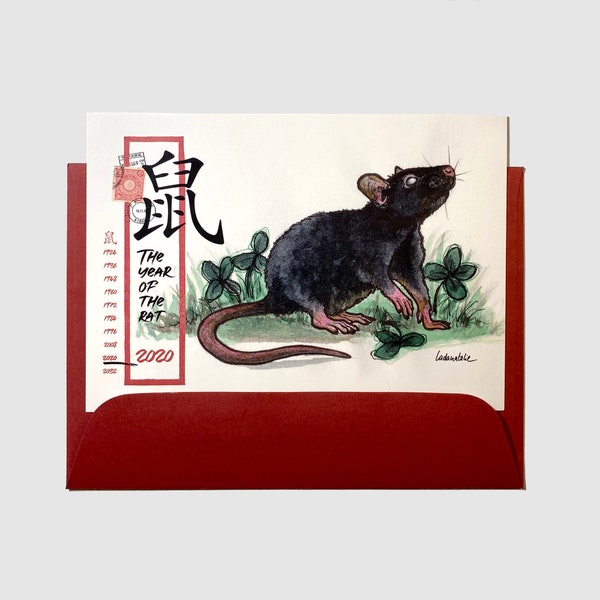 Ratte Postkarte "2020 - The year of the RAT" DINA6 mit bordeaux Umschlag Glücksbringer