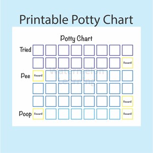Puede incluir: Un gráfico de orinal imprimible con un fondo azul claro. El gráfico tiene una cuadrícula de cuadrados con las palabras "Tried", "Pee" y "Poop" a la izquierda. El gráfico incluye el texto "Reward!" en cuadros amarillos.