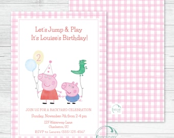 May include: Pink and white gingham patterned invitation with a cartoon image of two pig characters holding balloons. The text reads "Let's Jump & Play It's Louise's Birthday!" and includes details for a backyard celebration on Sunday, November 7th from 2-4 pm. The invitation also includes the address 123 Waterway Lane, Charleston, SC and an RSVP to Lauren at (555) 123-4567.