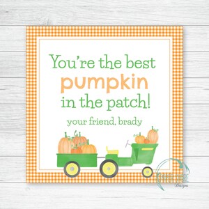 May include: A green and yellow toy tractor with a load of orange pumpkins. The tractor is on a white background with a gingham pattern border. The text "You're the best pumpkin in the patch! your friend, brady" is printed on the white background.