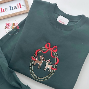 Reindeer Christmas Embroidered Sweatshirt: Coquette Retro Reindeer Holiday Sweater