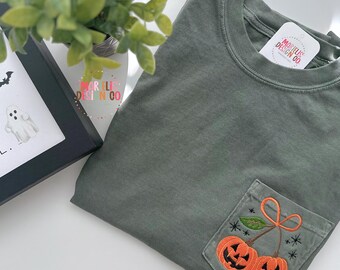 Embroidered Pumpkin Cherries Pocket Tee - Comfort Colors Autumn Shirt