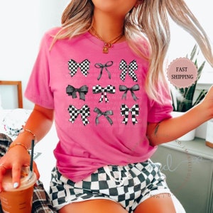 Coquette Checkered Black Tee, Comfort Color Trendy Shirt, Oversized Tee, Black Bows Shirt, Cute  Pink Shirt For Summer, Preppy Retro Gift