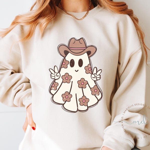 Felpa con stampa floreale fantasma western di Halloween - Maglietta retrò spettrale