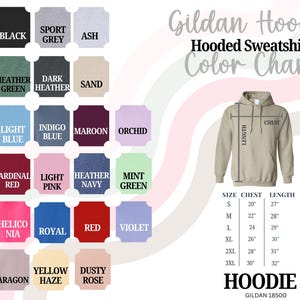 May include: Color chart for Gildan Hooded Sweatshirts. Includes a color palette with options like white, black, heather scarlet, and navy. A tan hoodie is shown with chest and length measurements. Size chart is included.