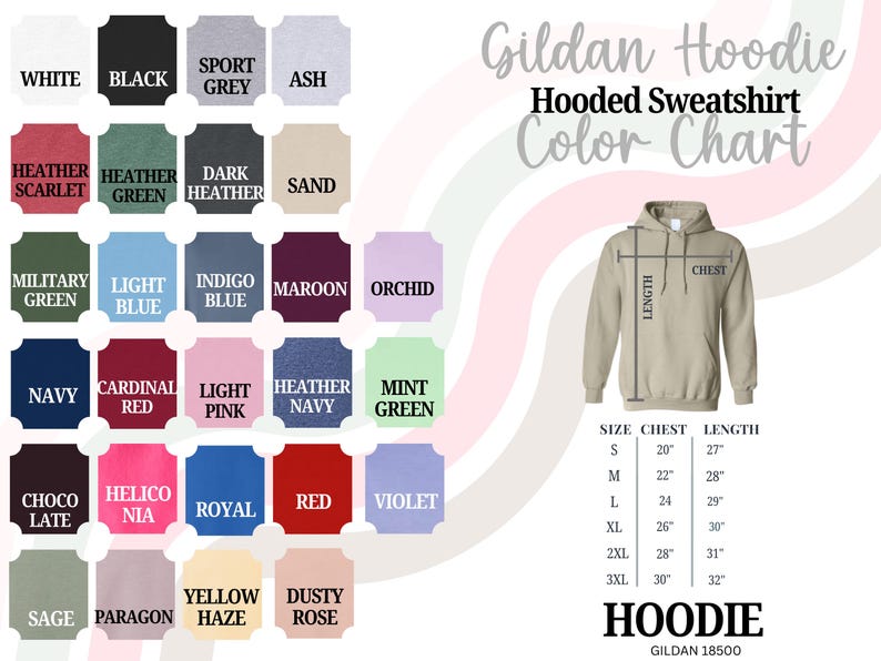 May include: Color chart for Gildan Hooded Sweatshirts. Includes a color palette with options like white, black, heather scarlet, and navy. A tan hoodie is shown with chest and length measurements. Size chart is included.